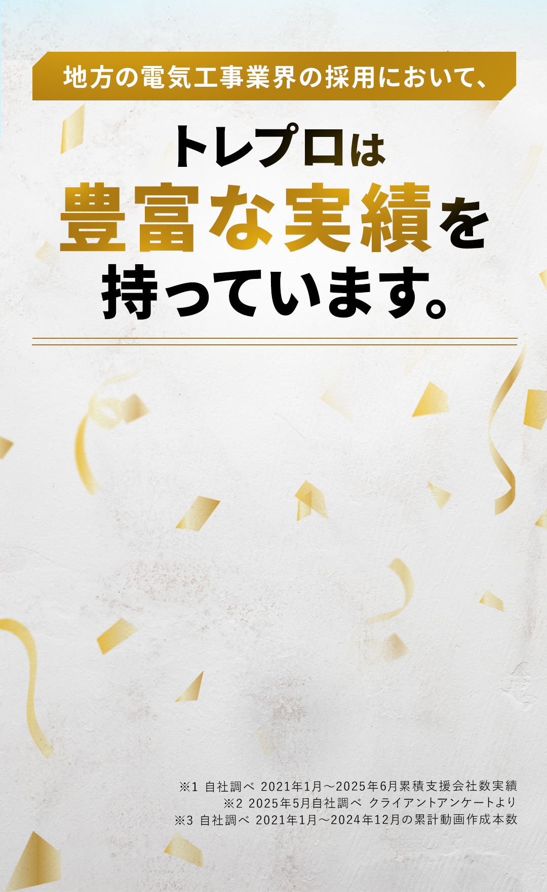 地方の電気工事業界の採用において、トレプロは豊富な実績を持っています。 ※1　自社調べ　2021年1月～2025年6月累積支援会社数実績※2　2025年5月自社調べ　クライアントアンケートより※3　自社調べ　2021年1月～2024年12月の累計動画作成本数